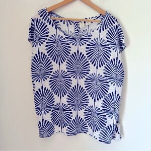 Joie Blue and White Cap Sleeve Boxy Linen Button Back Blouse Summer Print